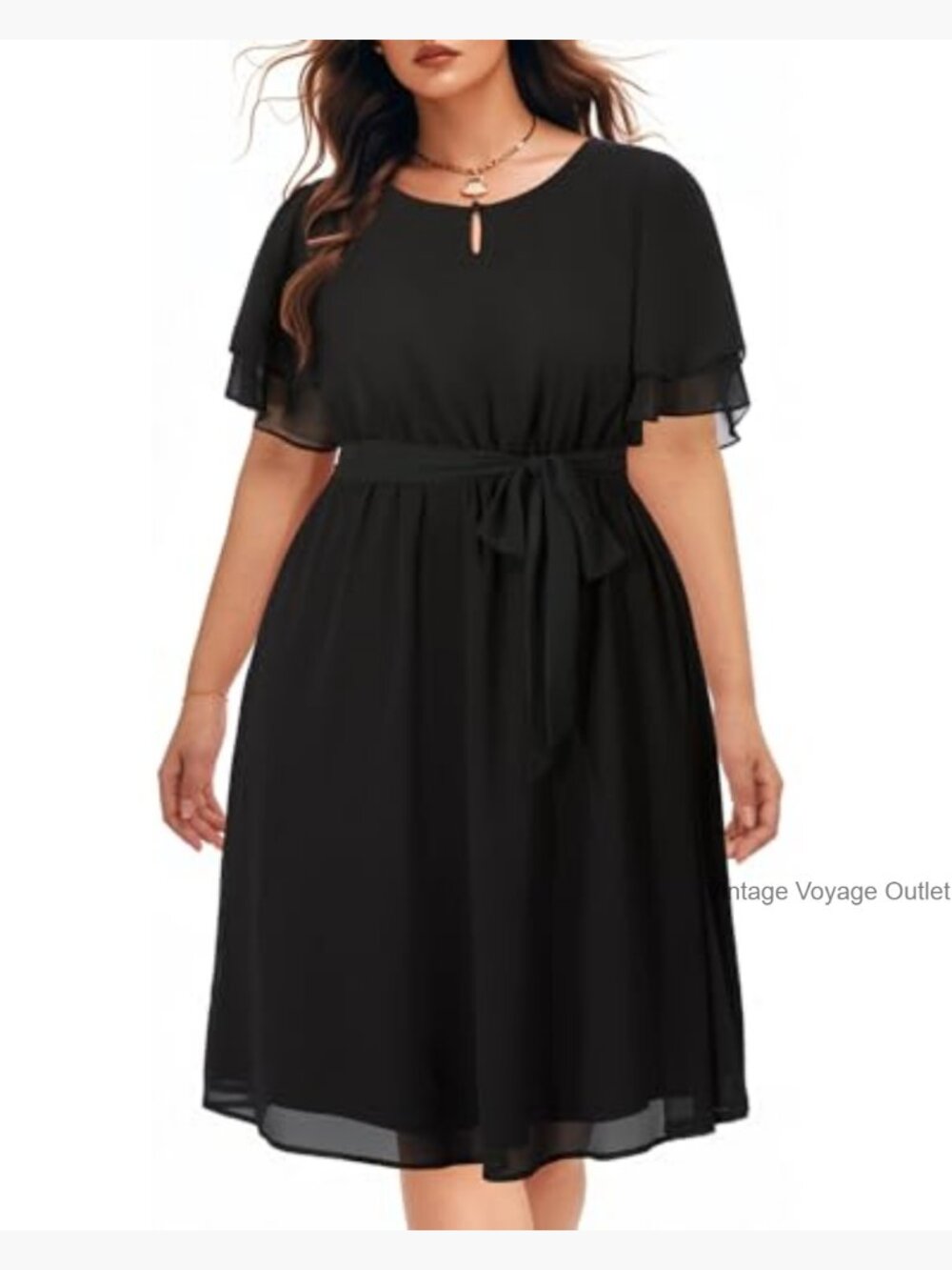 Plus Size Chiffon Cocktail Dresses - Keyhole Neck Midi Work Occasion - Picture 4 of 7